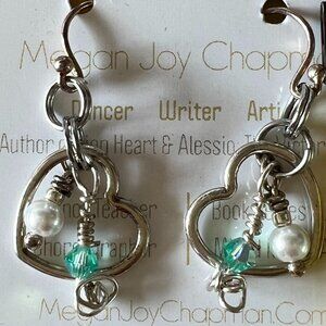 Sterling Heart Earrings with Aqua Green Crystal and Pearl NWT Megan Joy Chapman